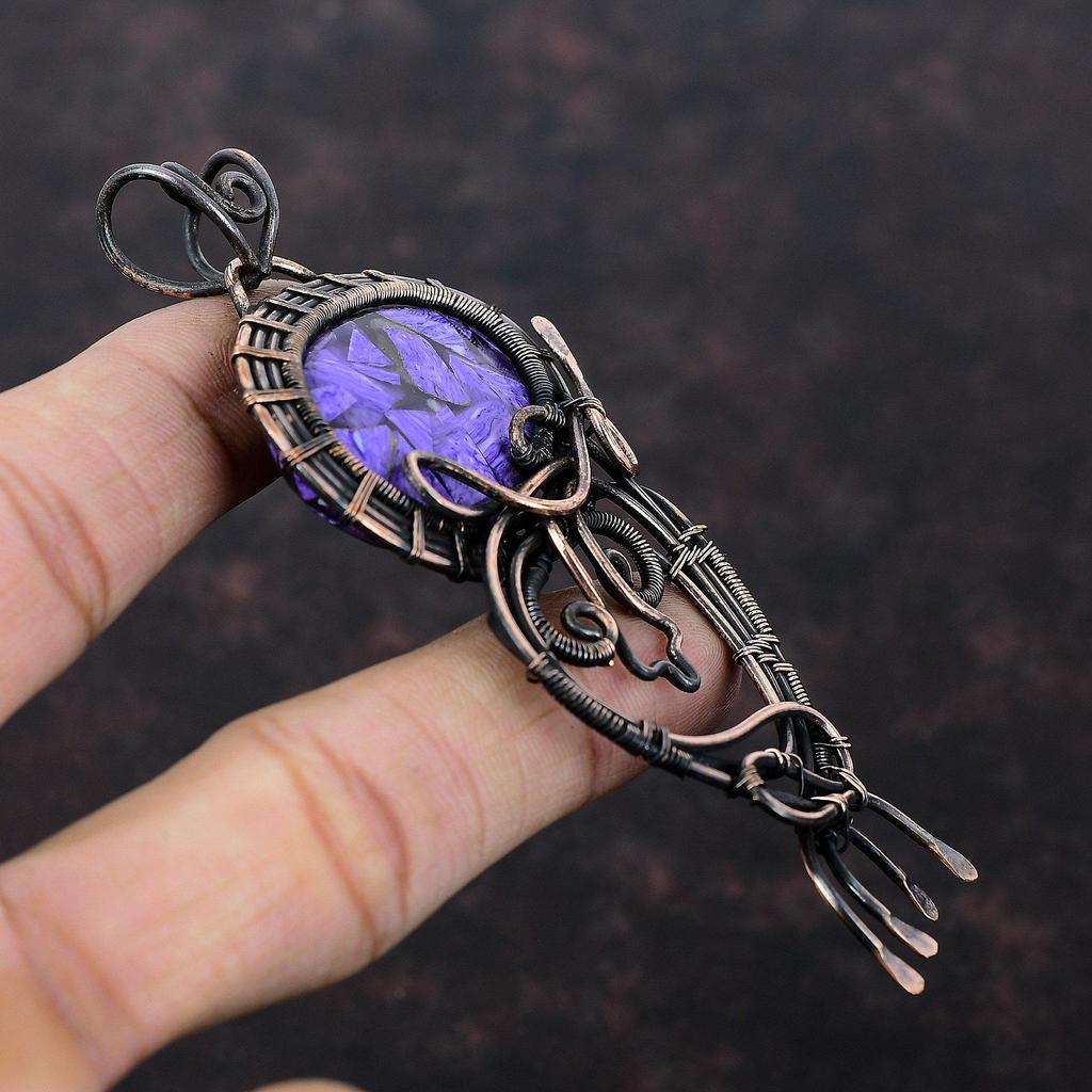 Медный кулон из чароита, обернутый медной проволокой, ювелирное изделие из драгоценных камней, кулон ручной работы в современном стиле из медной проволоки, ювелирное изделие для особого случая, подарок