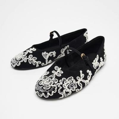 Модные ретро вышитые цветы балетки на плоской подошве для женщин 2025 весна новые французские с круглым носком мэри джейн одинарные женские