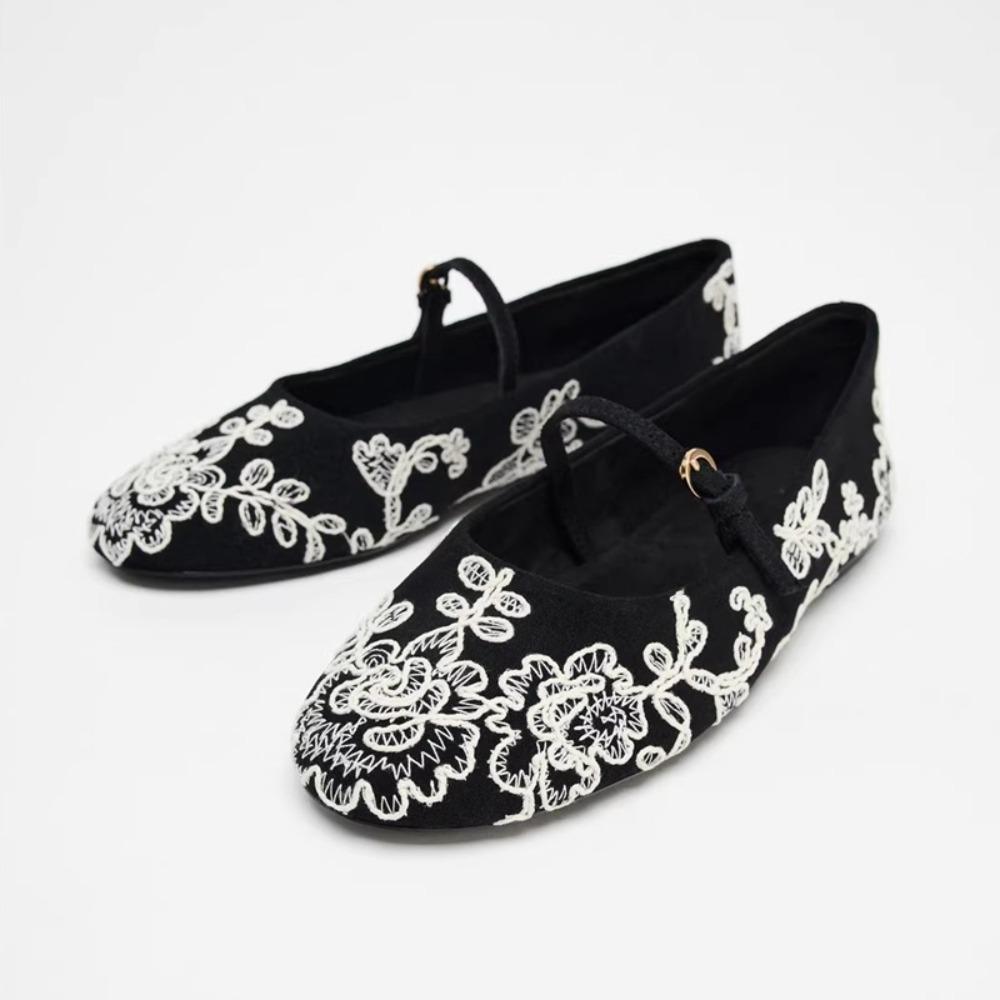 Ретро Вышитые Цветами Плоские Балетки для Женщин 2025 Весна Новые Французские Круглый Носок Одна Лямка Mary Jane Однотонные Туфли Женские