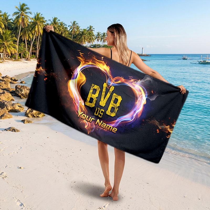 Borussia Dortmund Custom Beach Towel, Personalized Name Text Print, Football Logo Soft Quick‑Dry Towel Holiday Gift