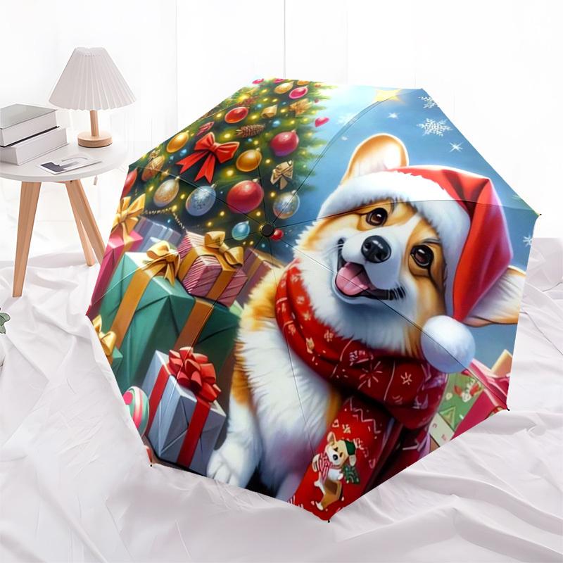 1pc Christmas Corgi Celebration Umbrella with Plastic Handle,Suitable for All Seasons Home Travel Outdoor UmbrellaDD223