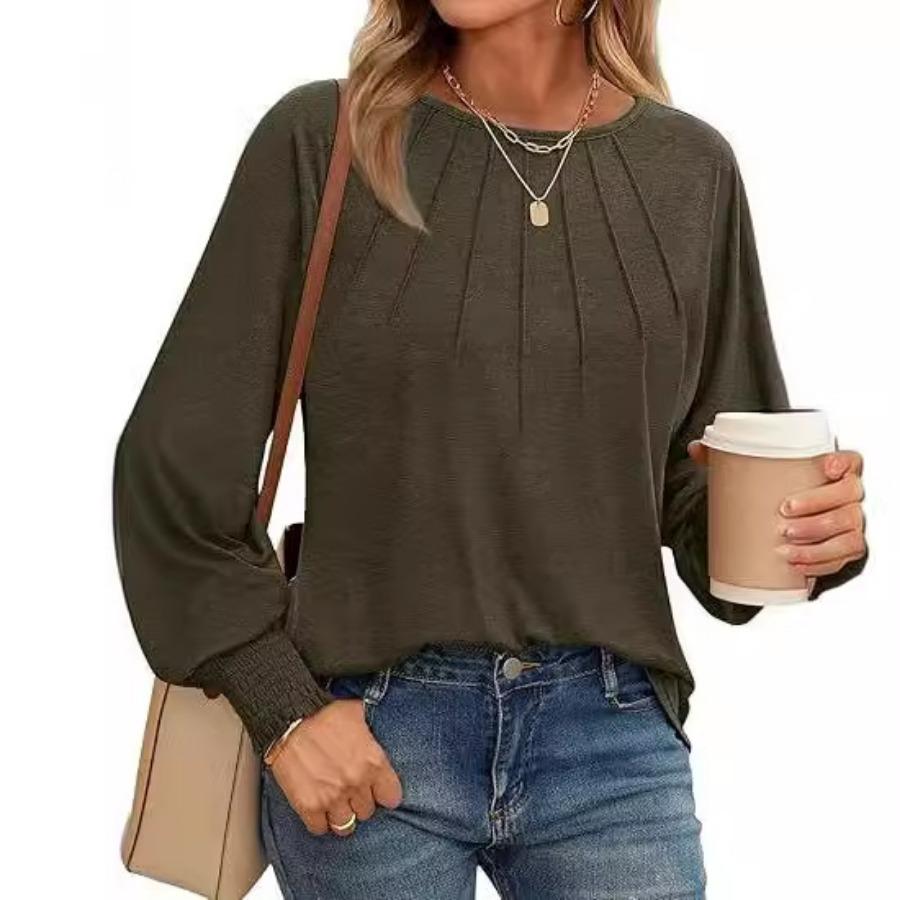 Осенний женский фонарь рукава стрейч повседневный пуловер больших размеров с длинными рукавами круглый вырез футболка однотонная плиссированная толстовка с капюшоном