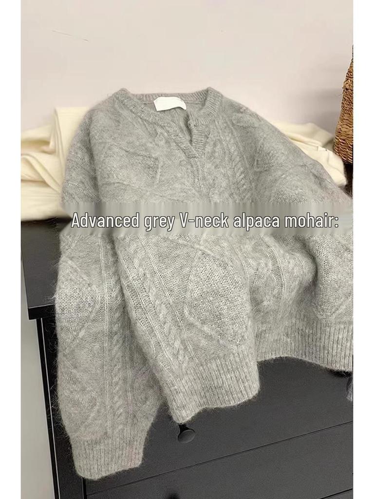 Женский утолщенный пуловер из мохеровой шерсти крупной вязки - оранжевый воротник, мягкий и уютный для осени/зимы