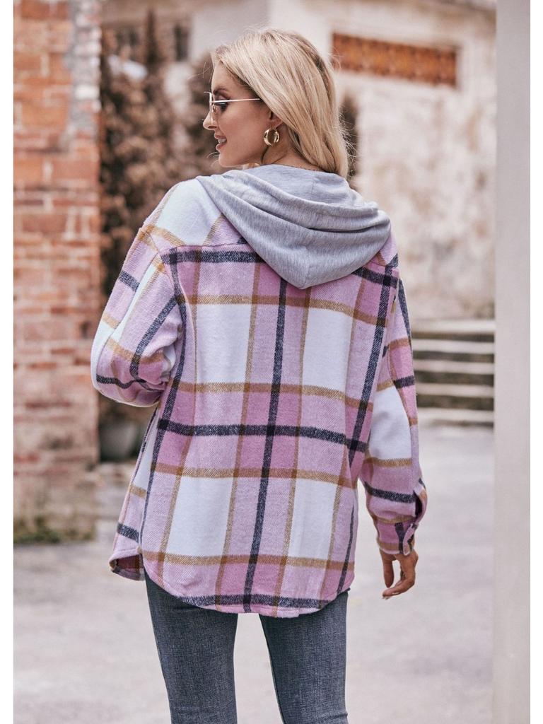 2024 New Autumn and Winter Fashion Simple Casual Hooded Plaid Shirt Loose and Comfortable Commuting Medium Length Women's Coat