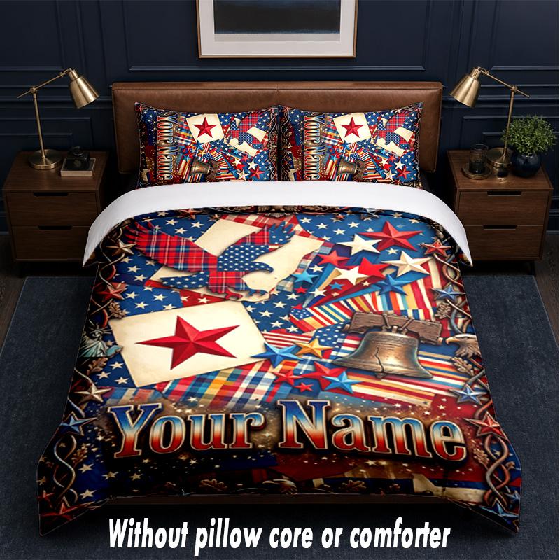 American Patriotic Theme Custom Text Or Name 3Pcs Bedding Set,1 Flat Sheet & 2 Pillowcases Personalized Home Bedding