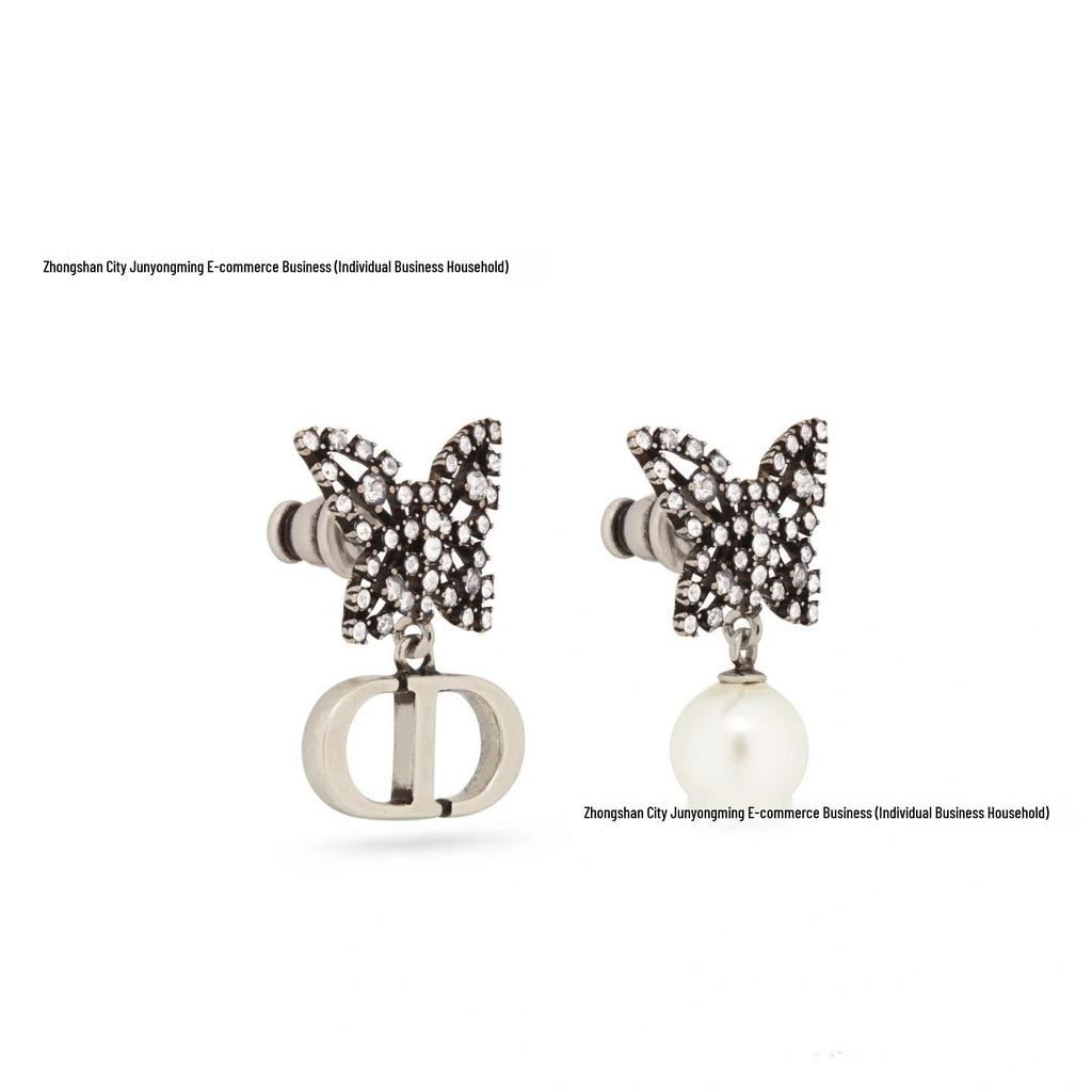 Черно-золотые серьги-гвоздики CD с кисточками, бриллиантами, жемчугом и бабочками - Женская высококлассная мода