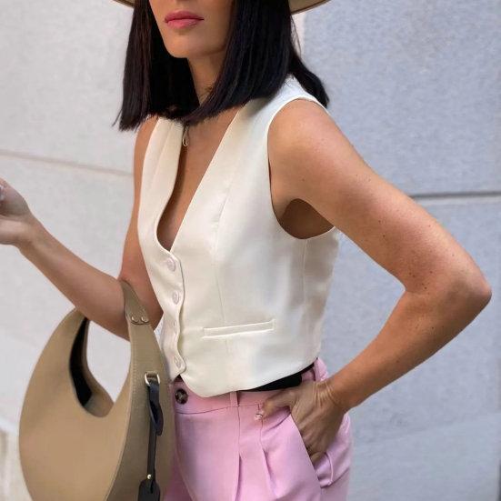 Летний женский жилет без рукавов с v-образным вырезом, однобортный, с маленькими карманами, облегающий однотонный укороченный жилет, пальто, рабочая одежда