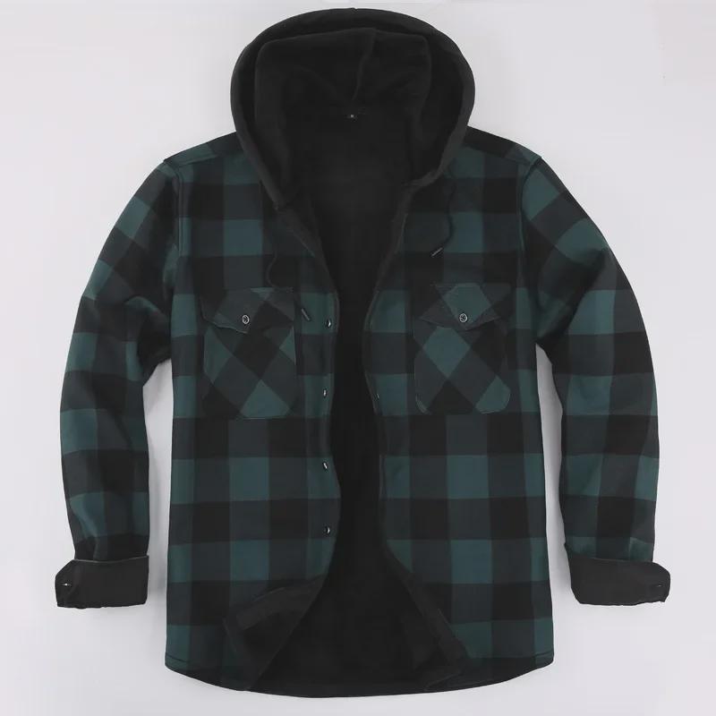 Мужская многослойная клетчатая рубашка с капюшоном — теплая плотная рубашка с длинным рукавом для осени и зимы