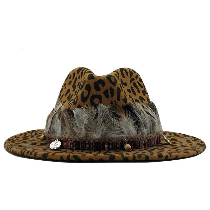 2019 New Trend Unisex Flat Brim Wool Felt Jazz Fedora Hats Men Women Leopard Grain Feather Band Decor Trilby Panama Formal Hats