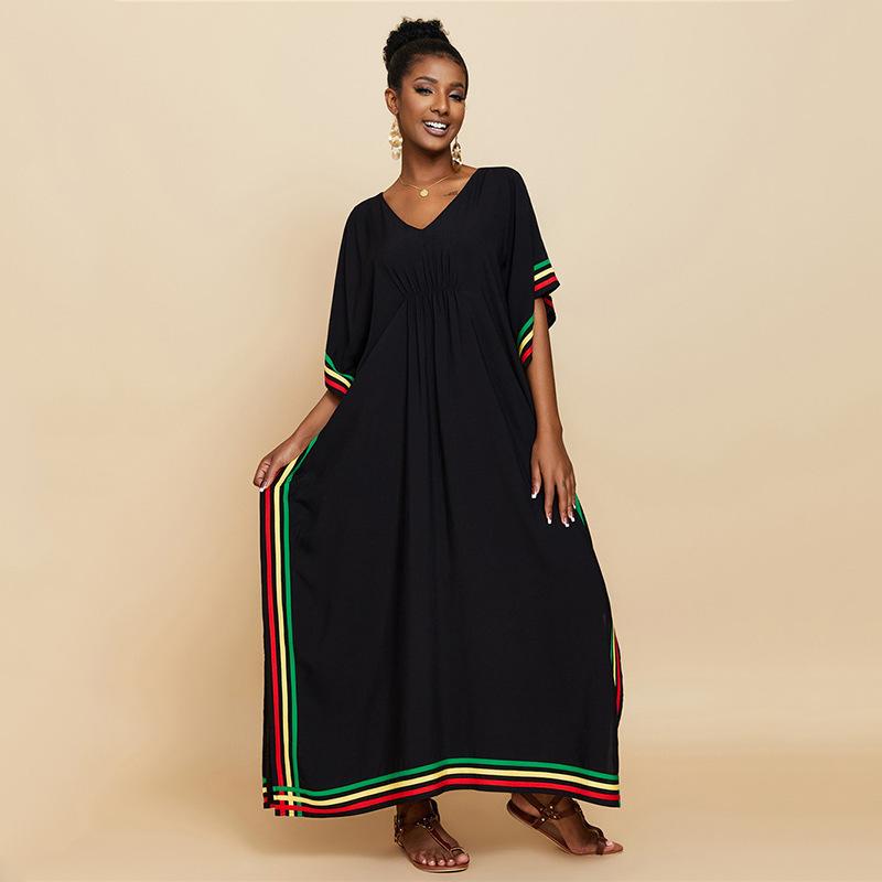 Black Beach Kaftans Color Block Women Maxi Dresses Summer Holiday Bathing Suits Factory Supply