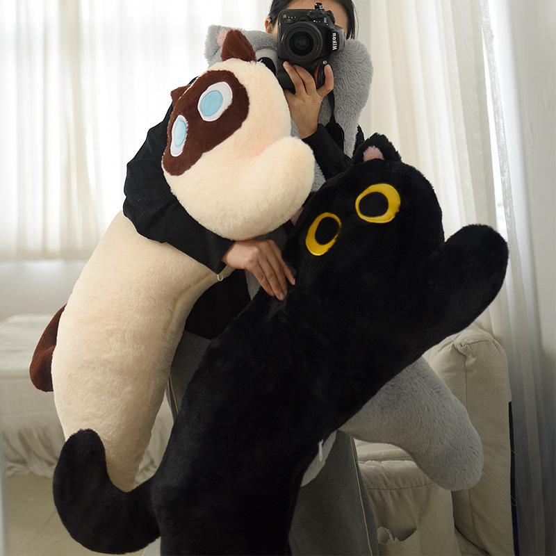Плюшевая Подушка-Подголовник Черный Кот - Милая Длинная Подушка для Общежития или Прикроватной Тумбочки для Сна и Поддержки Ног