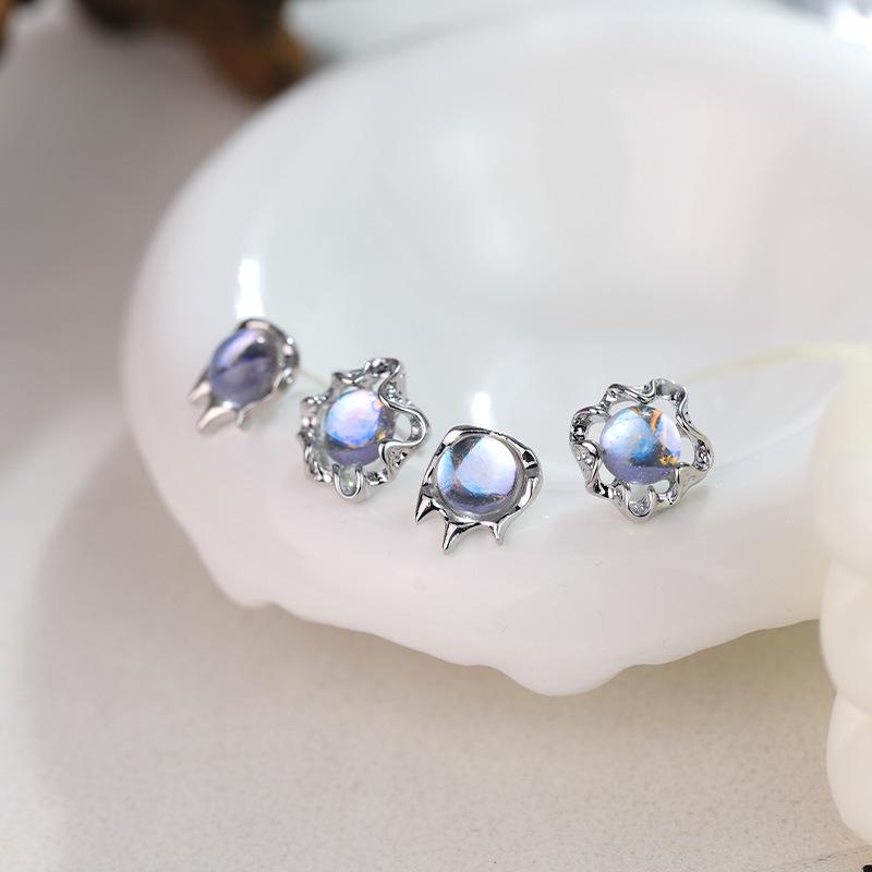 Женские модные асимметричные серьги-пусеты с лунным камнем и опалом - крутая модная бижутерия с серебряной иглой