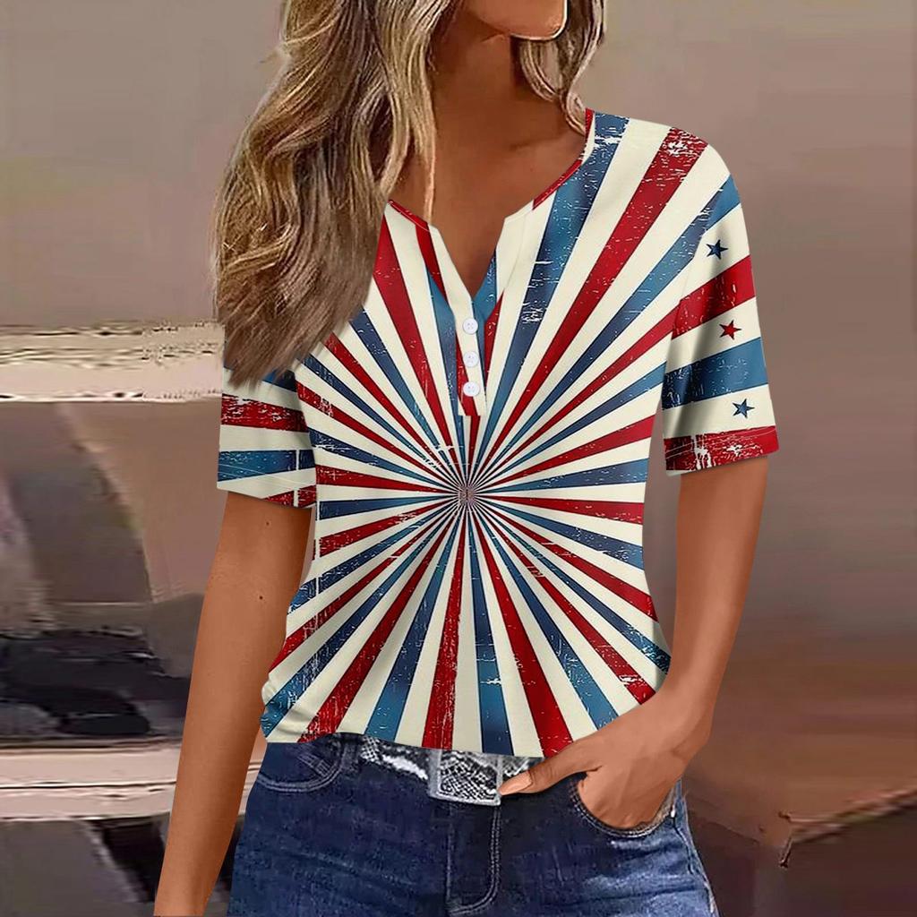 Жен. Футболка Футболка День независимости С принтом Пуговицы С короткими рукавами Повседневные Выходные Мода Классический Классический V-образный вырез Обычный Топ