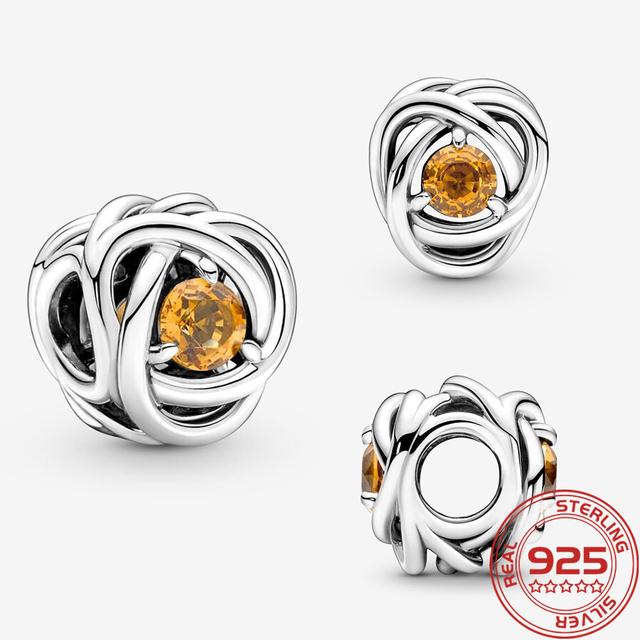 Fine 925 Silver October Pink Birthstone Eternity Circle Charm Fit Fashion Bracelet Silver Charm Necklace Girls Gifts DIY Jewelry