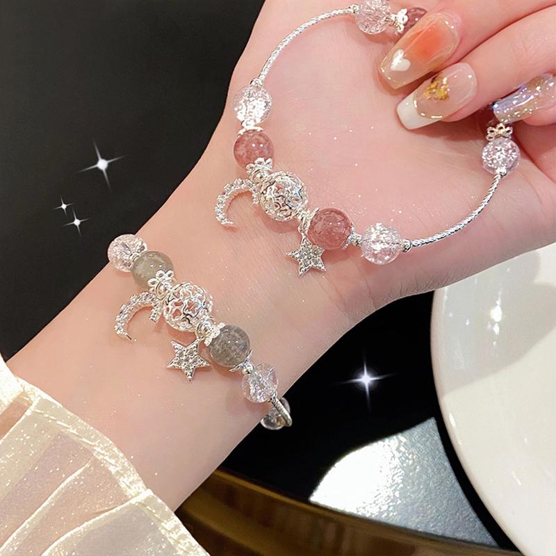 Exquisite Pink Bracelets For Women Cute Star Moon Bracelet Metal Chain Beads Bracelet Sister Girlfriend Gift