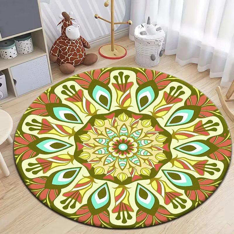 Moroccan Style Print Round Living Room Area Rug Camping Picnic Mat Non-Slip Yoga Door Floor Mat