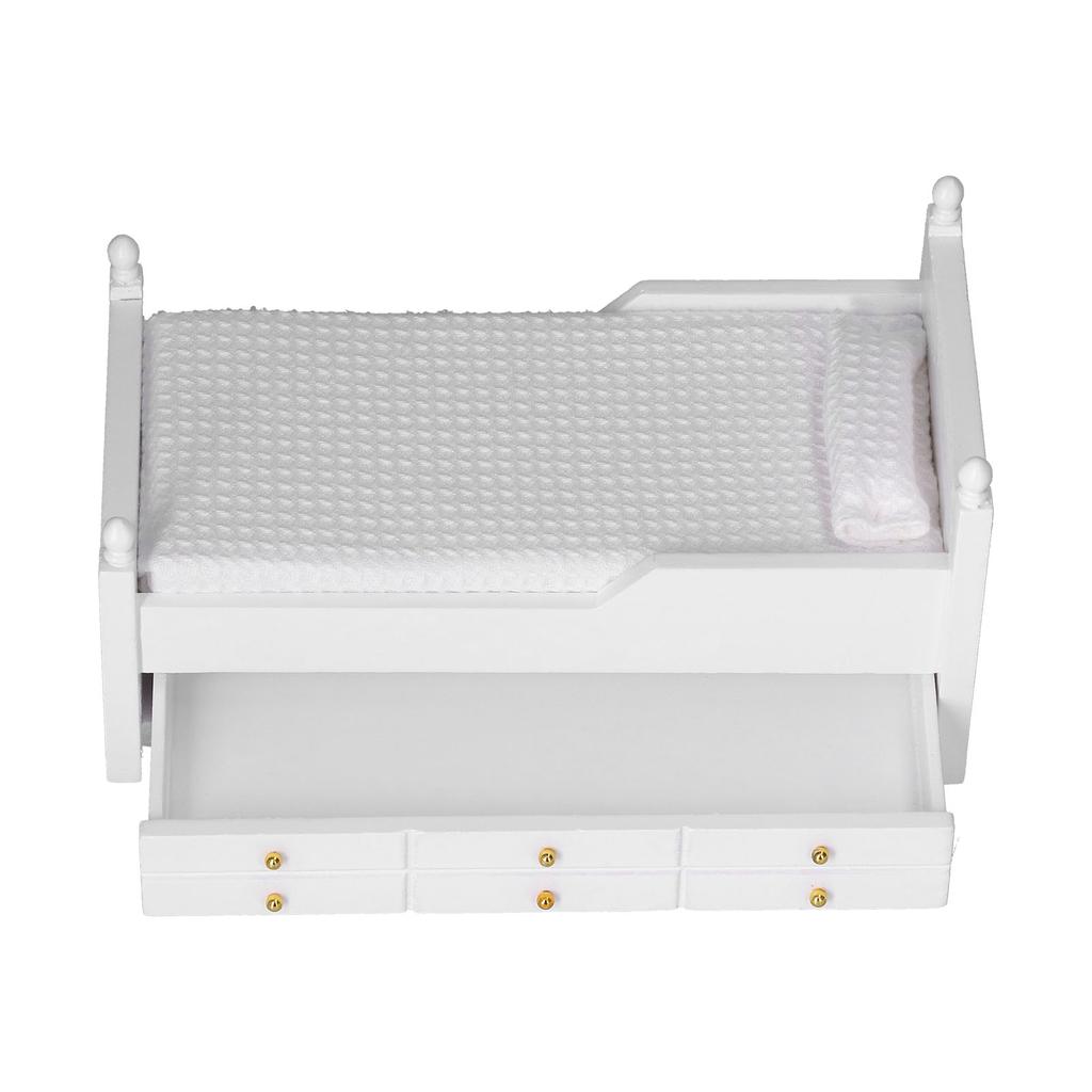 1:12 Miniature Dollhouse Birch Bed Mini Furniture Doll House Decoration AccessoriesWhite