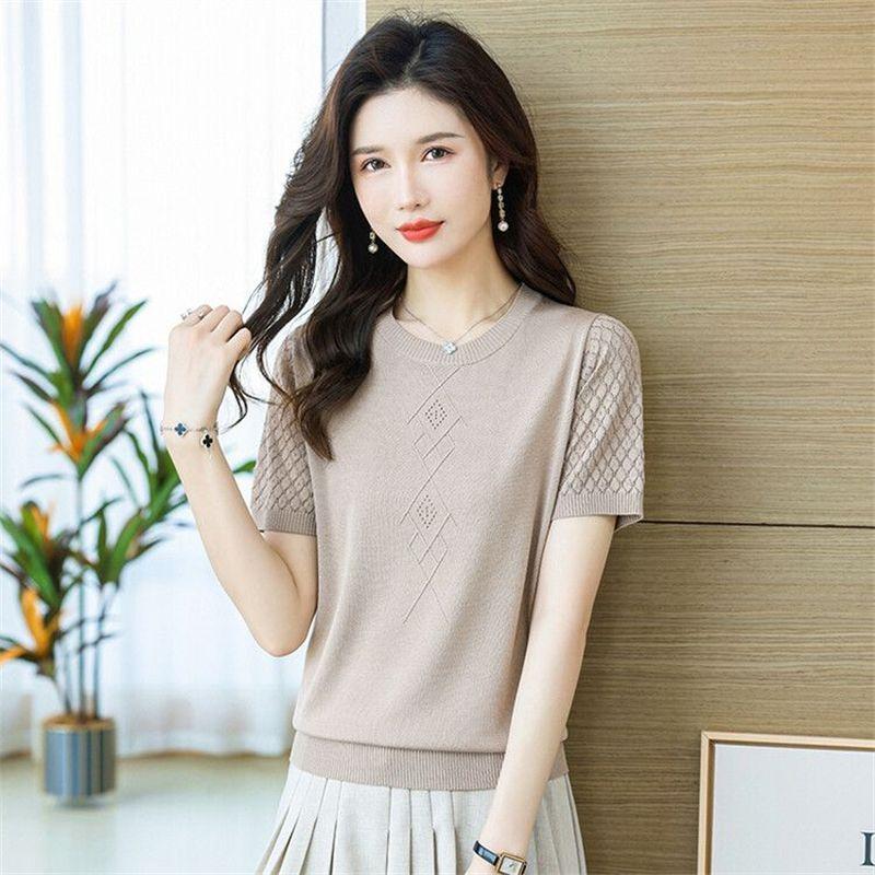 Женская летняя тонкая однотонная трикотажная футболка Hollow Ice Silk с коротким рукавом, новый модный топ с круглым вырезом