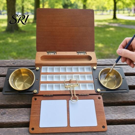 Beginner Watercolor Kit 24-Grid Palette Box, Travel Paint with Brush Cup Holders, Box Two Mixing Areas, Wooden Portable Paintbox for Painting Outdoor