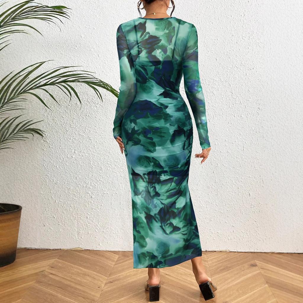 Cross-border women's dress, women's commuter tie-dye pleated slim crew neck long-sleeve dress, summer women's high-end temperament