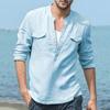 Мужские весенне-летние повседневные хлопковые льняные однотонные рубашки с длинными рукавами и карманами, свободные рубашки с воротником-стойкой