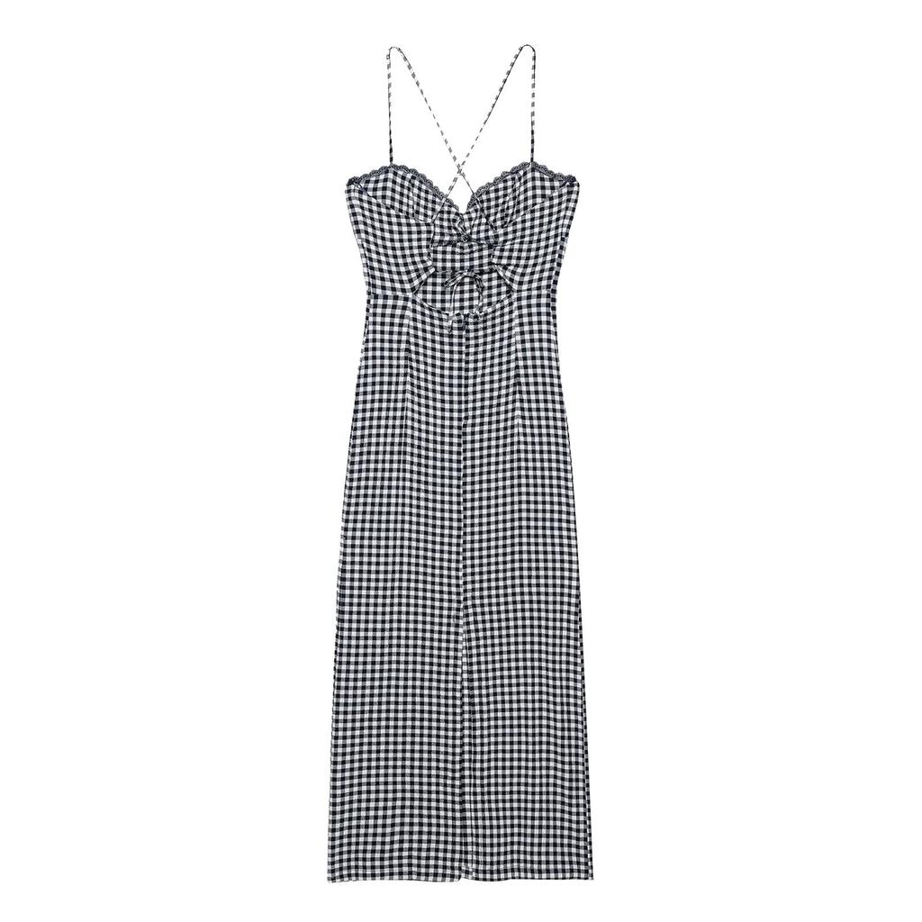 European and American style, new women's clothing, foreign style, classic slim-fitting V-neck small plaid Midi dress