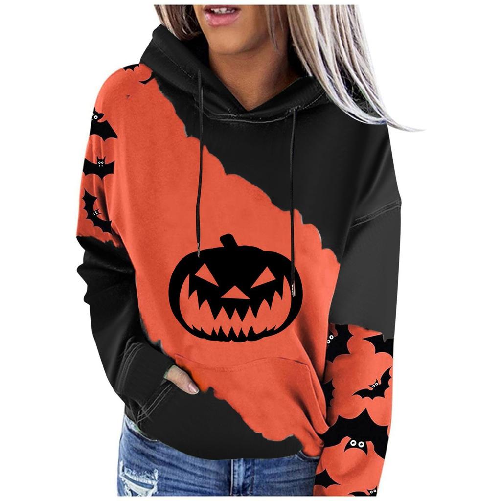 Women's Casual Fashion Halloween Print Long Sleeve Pullover Hooded Top