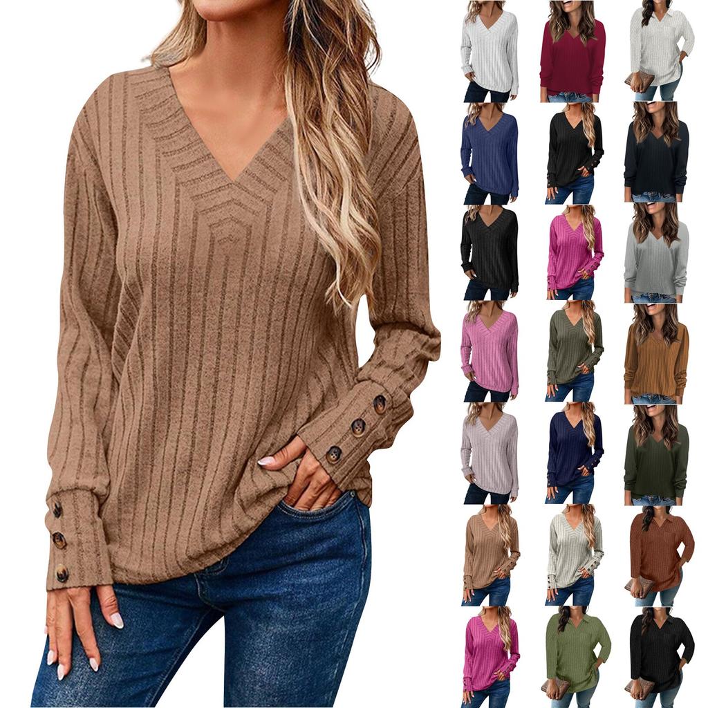 Women's Fashion Long Sleeve V-Neck T-Shirt Solid Color Button Decoration Top