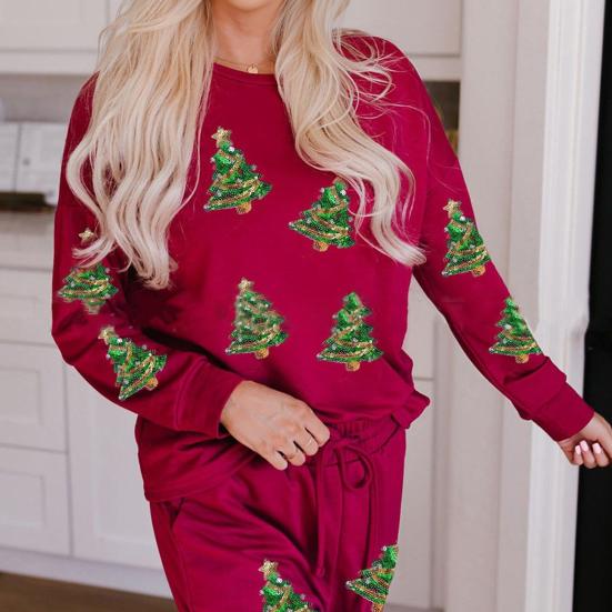 2 Pcs/Set Women Fall Winter Set Christmas Tree Snowman Santa Print Sequin O Neck Long Sleeve Top Elastic Waist Pants Set New Year Holiday Party