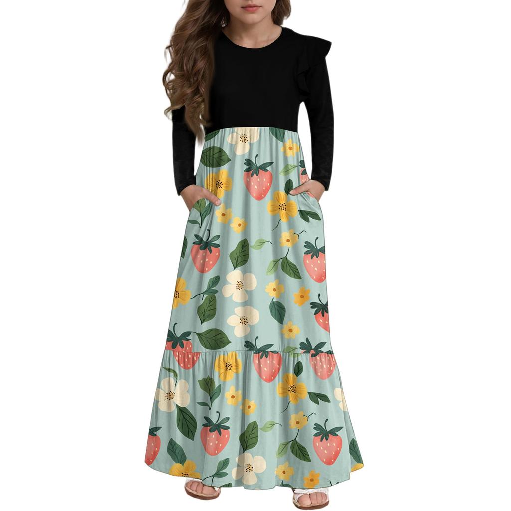 Girls' Tiered Ruffle Dress - Long Sleeve Printed Maxi With Pockets