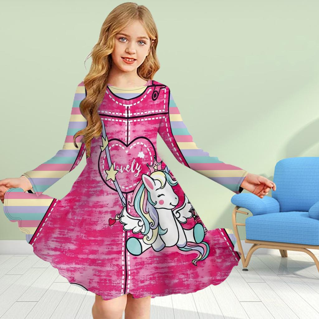 Повседневное платье для девочек с 3D-принтом, розовым единорогом в форме сердца, круглым вырезом и длинными рукавами, детское платье принцессы