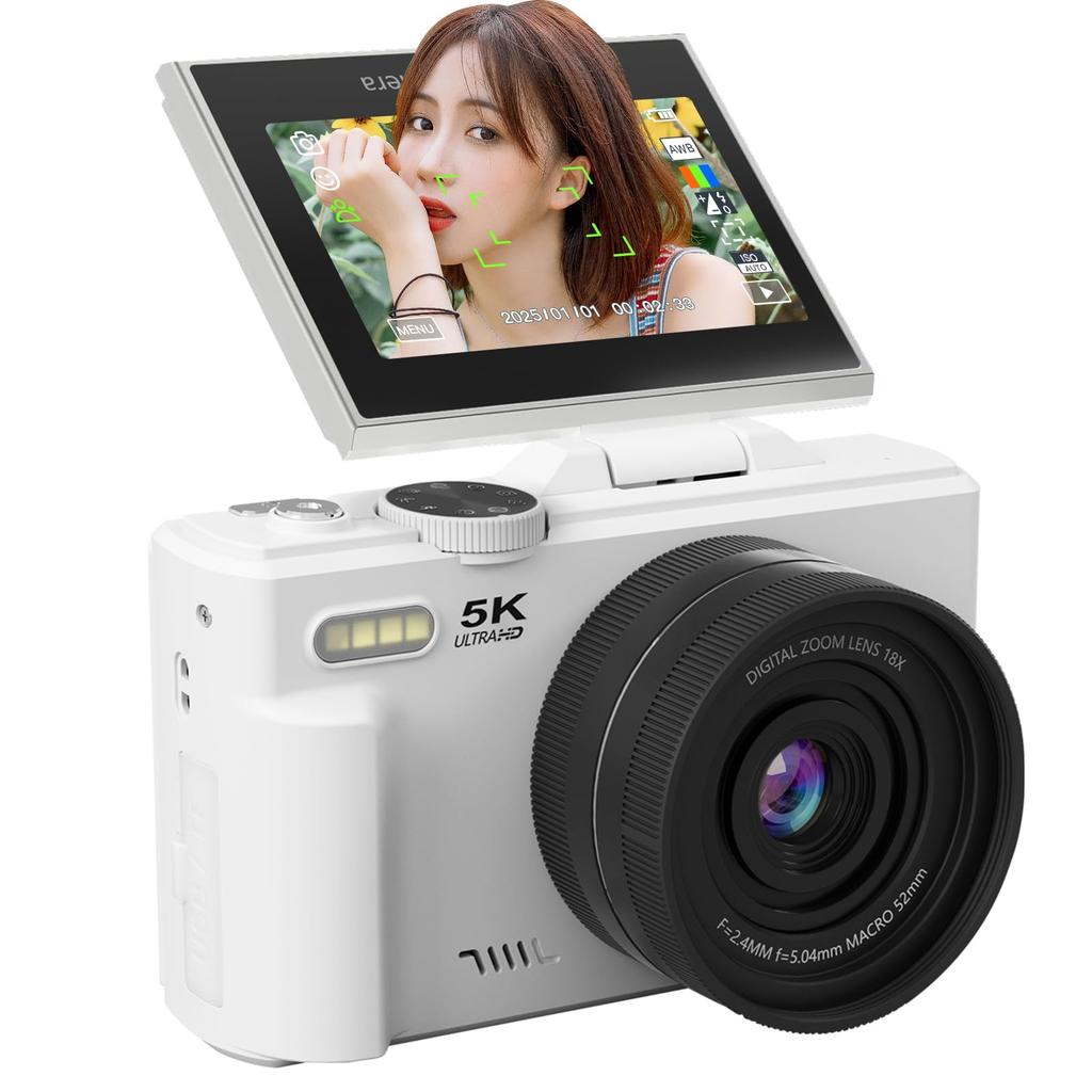 AiMike 5K Digital Camera with Rotating 64GB Micro SD 18x Digital 19 Convenient Large Two Perfect for Kids and Day White Wi-Fi Transfer, 75MP, 180°