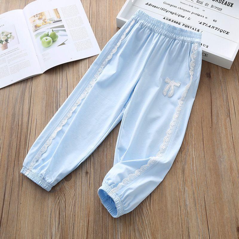 Летние тонкие брюки для девочек, детские повседневные брюки с кружевом, свободные и дышащие спортивные брюки для маленьких девочек