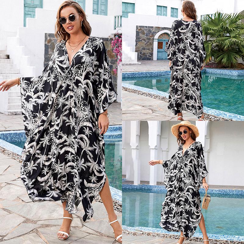 European & American Cotton Print Plus Size Loose Beach Dress Cover-Up for Women
