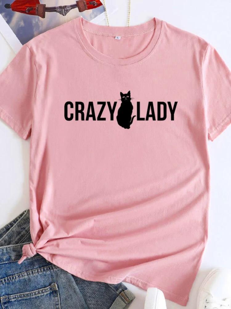 Crazy Lady Cat Print Женская футболка с коротким рукавом и круглым вырезом Свободная женская футболка Женская футболка Топы Camisetas Mujer