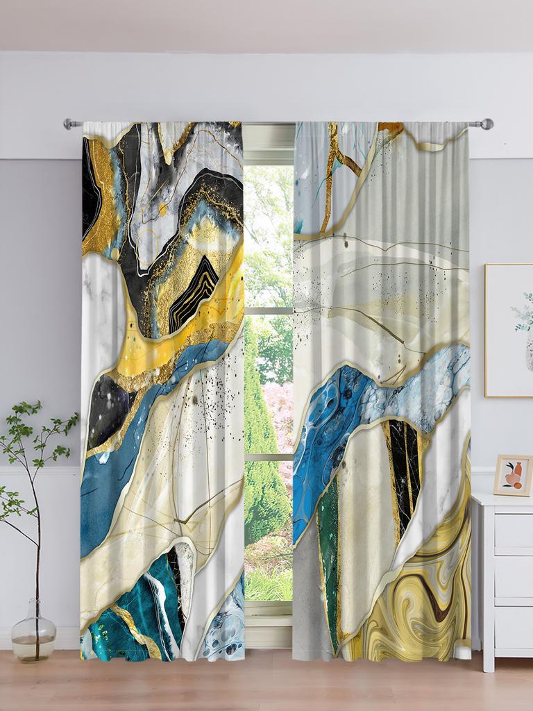 2pcs Modern Abstract Art Marble Textured Geometric Print Drape RodPocket Curtain Semi Blackout Curtains For Living Room Bedroom