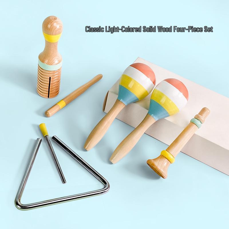 Детские музыкальные инструменты Орфа: Треугольник, Кастаньеты, Маракасы, Бубен, Деревянные бруски, Тарелки