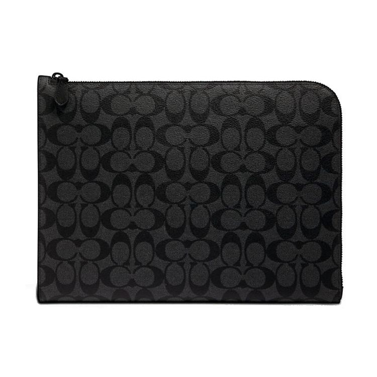Coach L-Zip 33 Monogram Coated Canvas And Calfskin Laptop Briefcase Zipper Folder Clutch Men bags Charcoal C3144-QBCHR