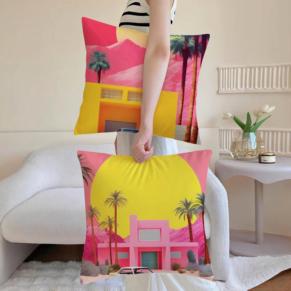 Vibrant Retro California Sunset Colorful Collage Art Cushion Cover Linen Pillowcase Cover Soft Decor For Sofa Home Room
