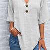Women Summer Tops V-Neck Half Sleeve Casual Solid Color Tee Shirt Buttons Decor Loose Fit Mid-length Blouse