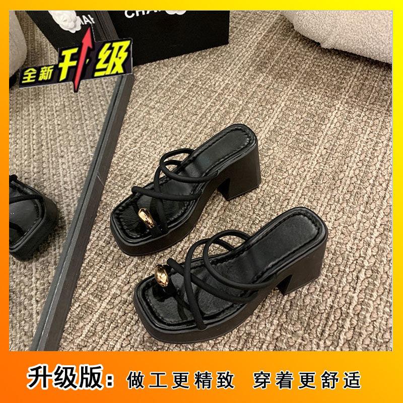 Модная женская верхняя одежда на высоком каблуке, универсальные крутые тапочки, женские 2025 лето новинка, интернет-знаменитость, толстый каблук, толстая подошва, носок