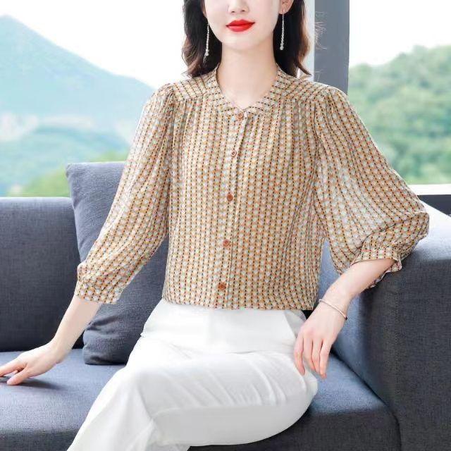 Fashionable Floral Chiffon Shirt for Women, Summer Versatile Seven Quarter Sleeved Loose Printed Top