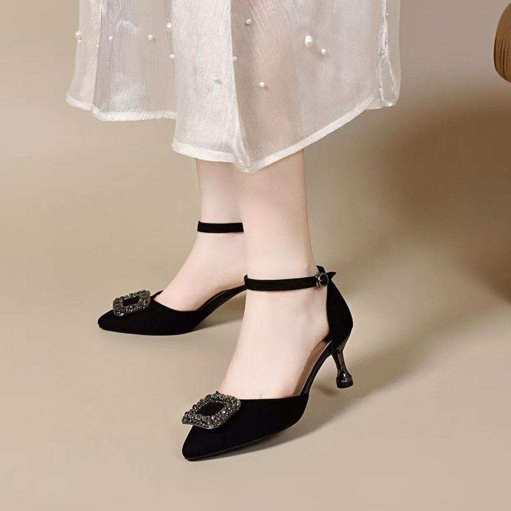 Hollow Sandals Women's Summer New Pointed Square Buckle Stiletto Women's Shoes One-word Buckle Black Elegant High Heels