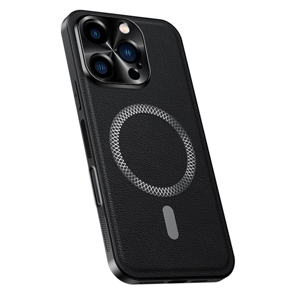 For iPhone 16 Pro Case Compatible with MagSafe PU TPU PC Phone Back Cover with Metal Lens Frame