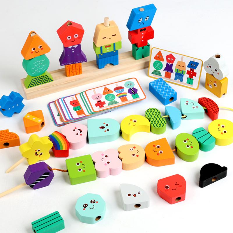 Wooden Expression Block Stacking Matching Game Montessori Parish Toys Shape Color Cognition Sorting Fine Motor Skills Education