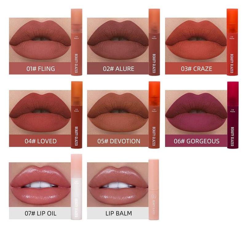 BEAUTY GLAZED - Набор из 8 штук: Матовая жидкая помада + Масло для губ + Бальзам для губ