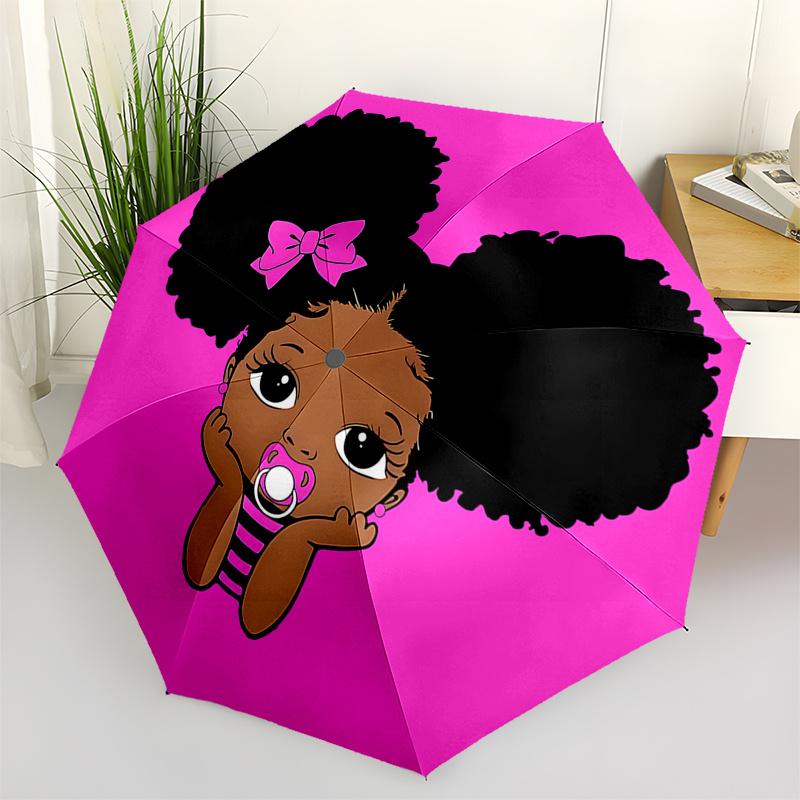 Adorable Afro Puffs with Pink Bow Rain Umbrella: Automatic Opening, Foldable Design, 8-Bone Iron Frame, Outdoor Use, Perfect Gift for Fans a