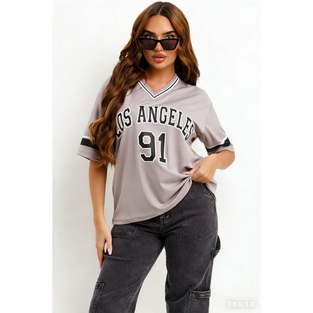 Летняя женская спортивная футболка с V-образным вырезом Los Angeles №91, свободная, модная, уличный стиль, короткий рукав, для отдыха и отпуска