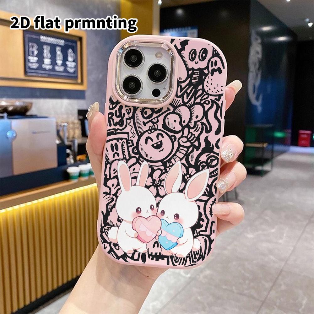Phone case: 2D flat design suitable for iPhone 18 17 16 15 14 13 Pro protective case, couple style, love heart rabbit, Christmas and Halloween gift ..