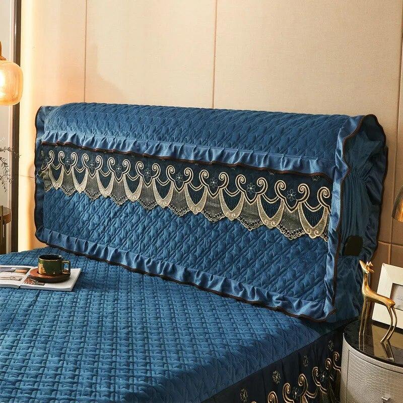 Lace Headboard Cover for Queen Bed Plush Velvet Double Size King Quilted Anti-collision Full Coverage Back Protector with Pocket
